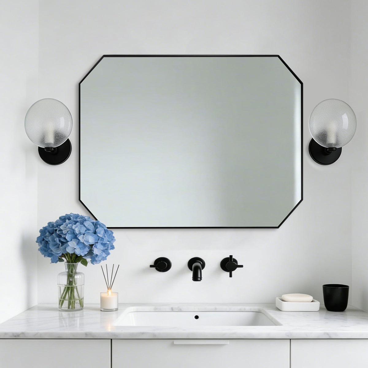 Contemporary Cut Corner Octagonal Scalloped Rectangle Mirror for Bathroom  |Stainless Steel Frame