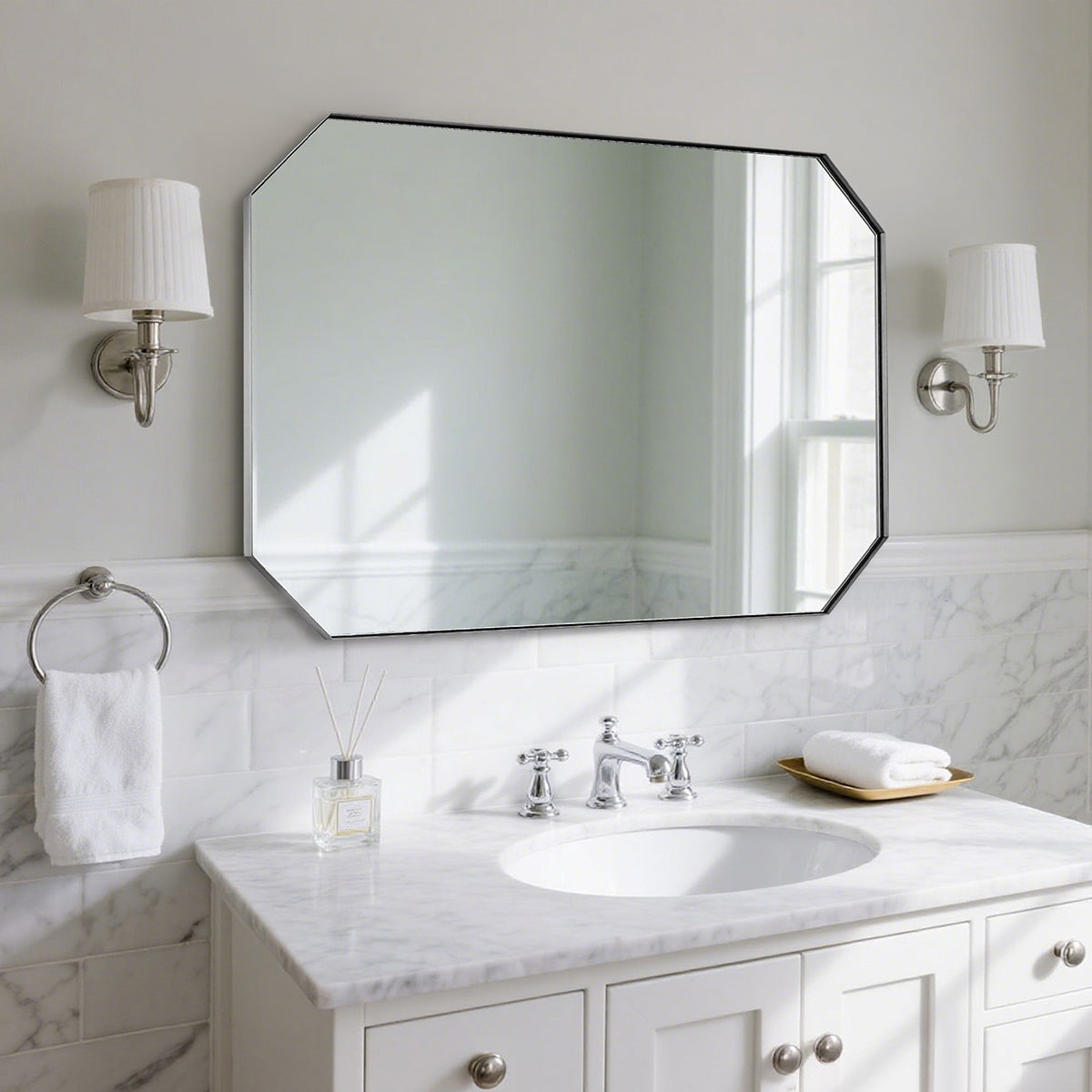 Contemporary Cut Corner Octagonal Scalloped Rectangle Mirror for Bathroom  |Stainless Steel Frame