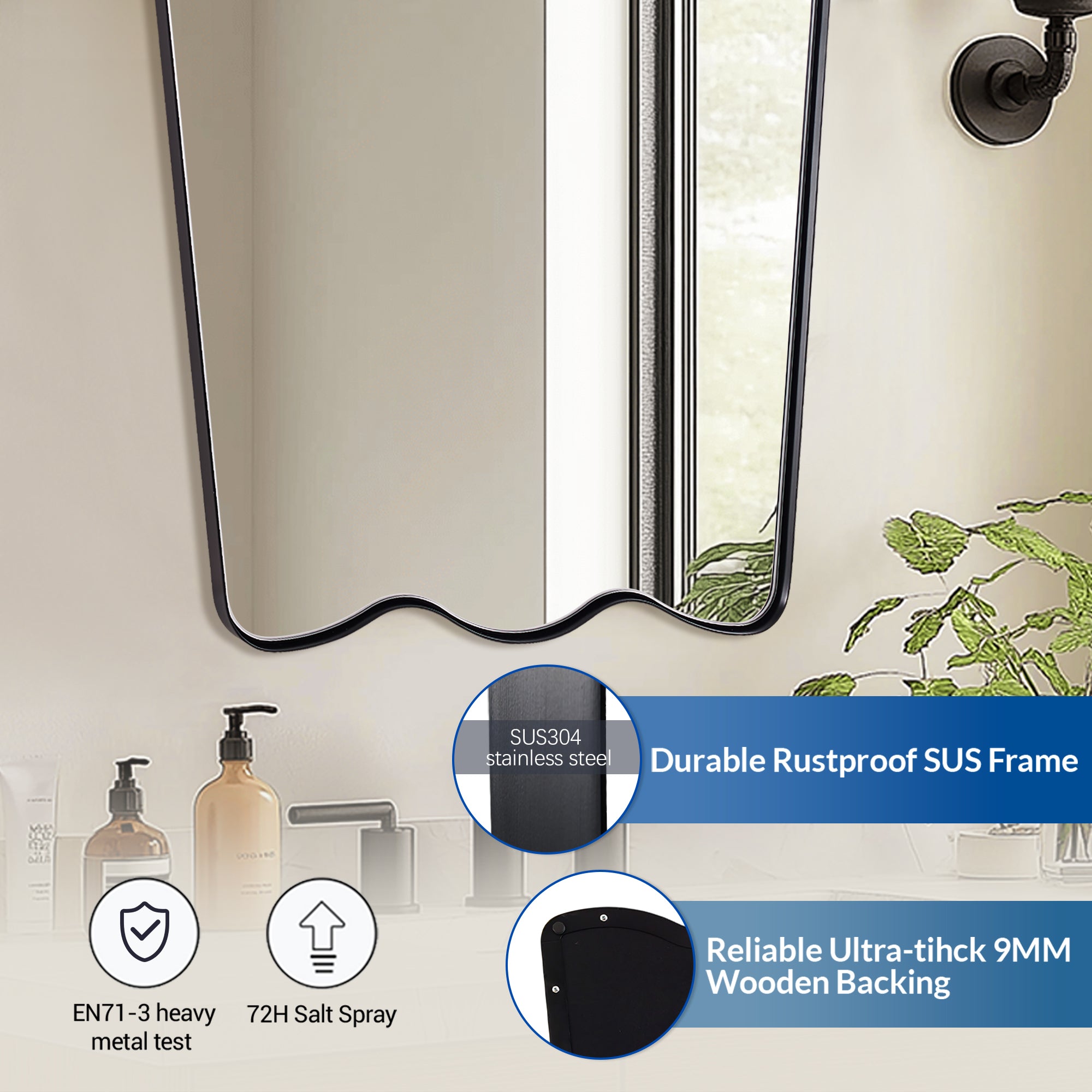 Contemporary Tapered Wavy Scalloped Bathroom Vanity Mirror | Stainless Steel Framed