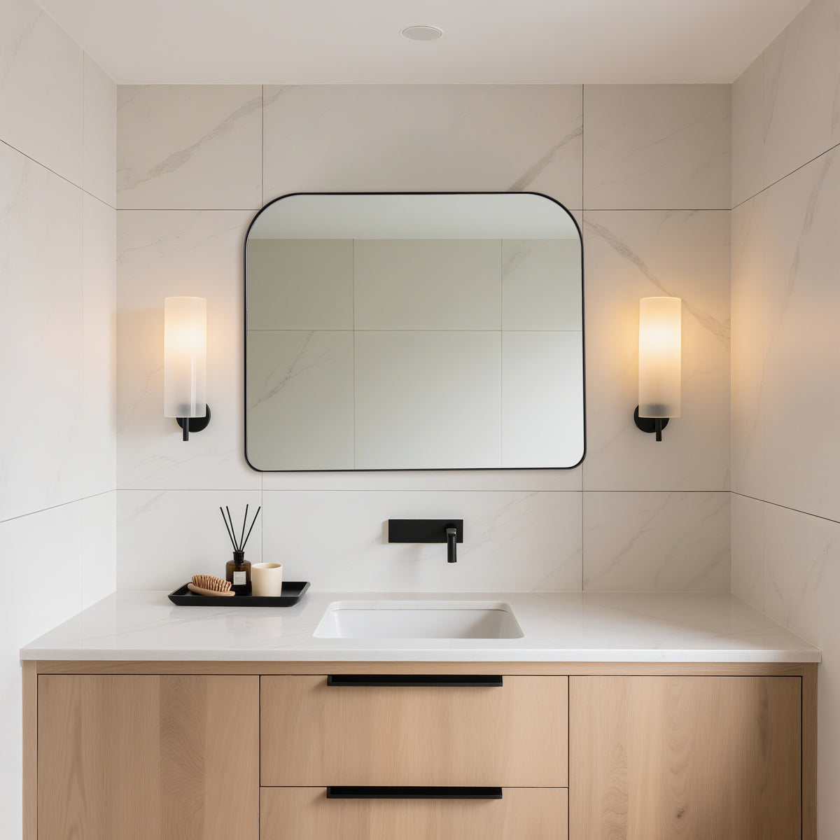 Modern Mantel Wide Arch Rectangle Bathroom Vanity  Mirror | Stainless Steel Frame