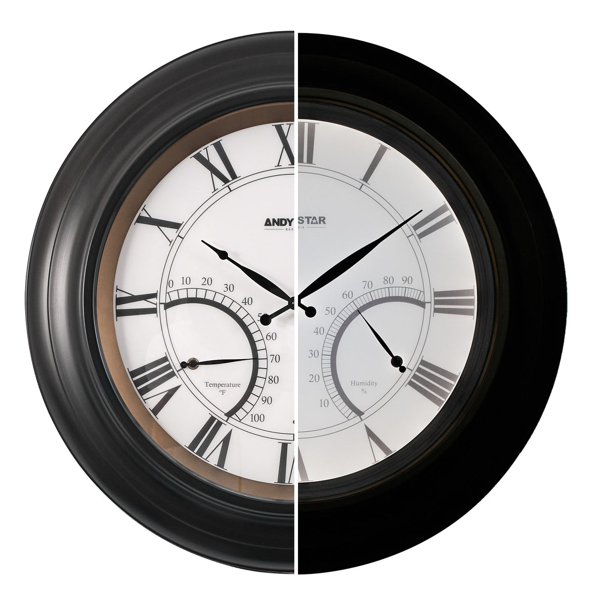 24 Inch Black Waterproof Large Outdoor Wall Clock with Thermometer