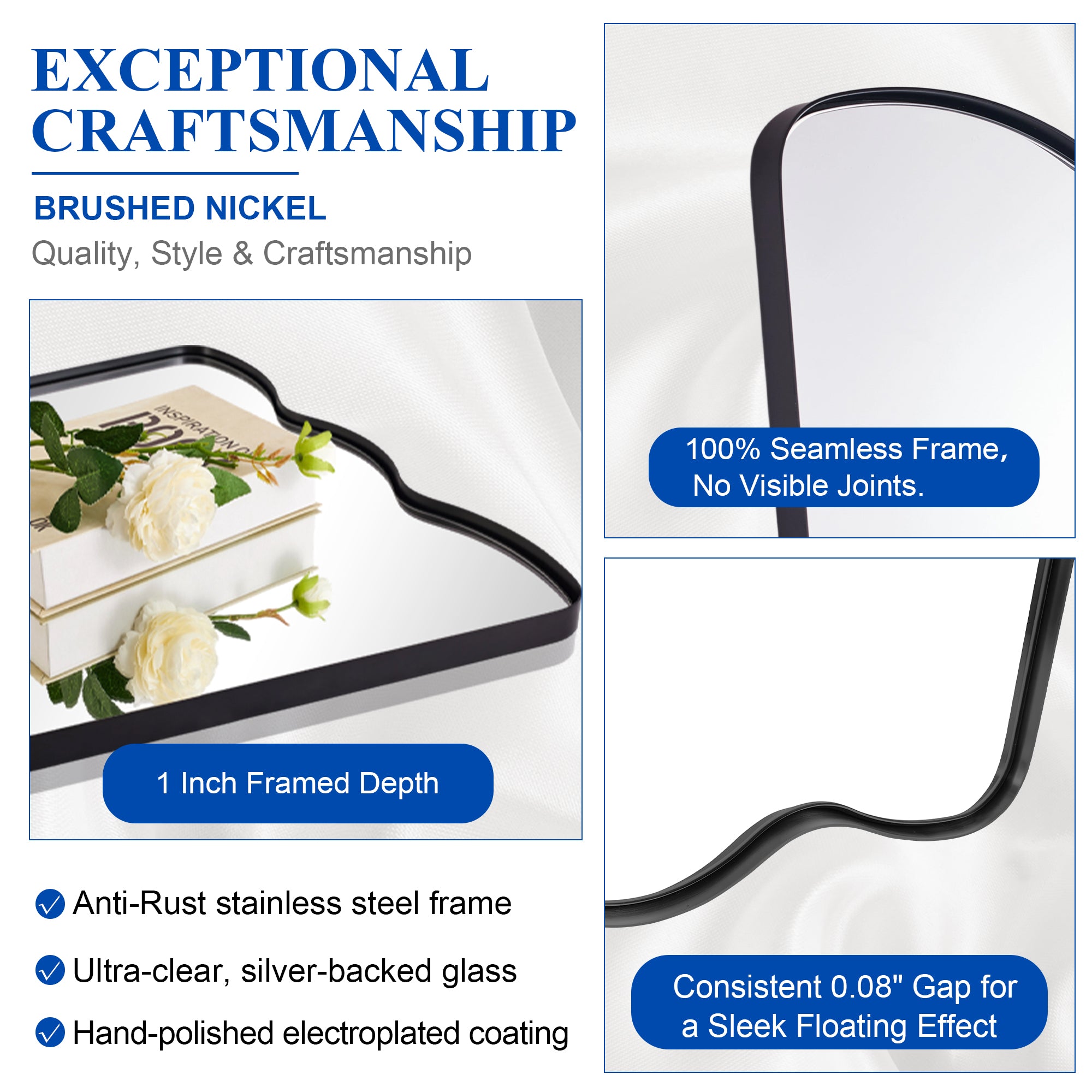 Contemporary Tapered Wavy Scalloped Bathroom Vanity Mirror | Stainless Steel Framed