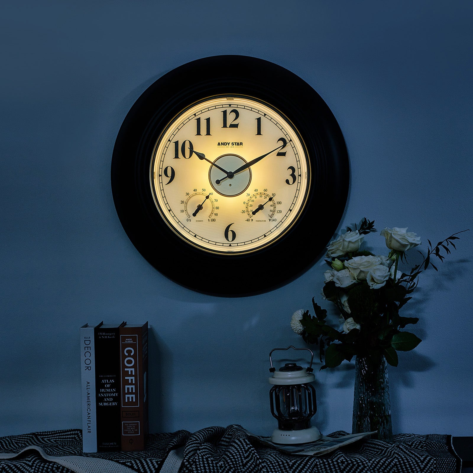 Contemporary Illuminated Outdoor Clock with Thermometer Weatherproof Waterproof | Black, 21 inch