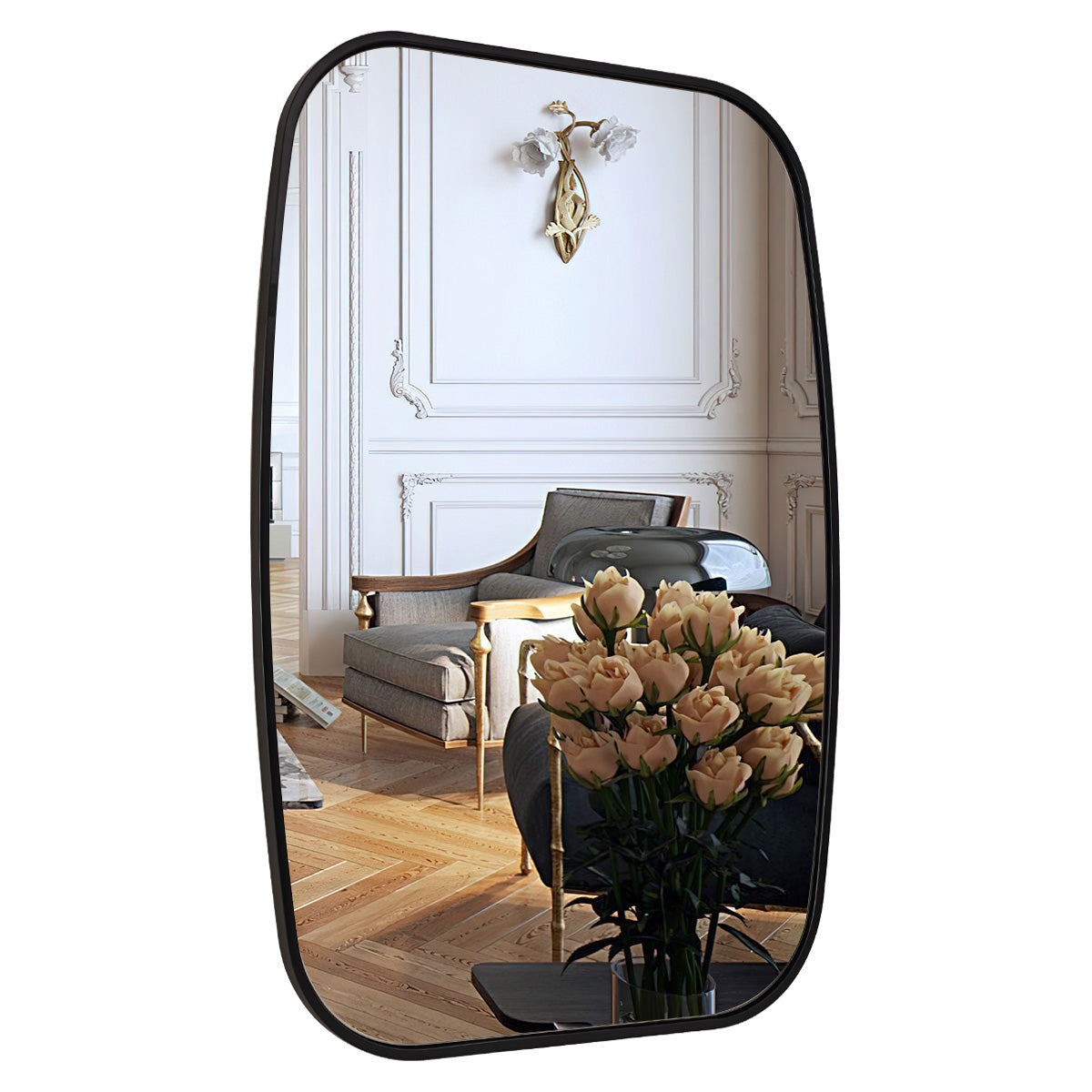 Contemporary Thick Framed Oblong Bathroom Mirror Long Oval Mirror | Stainless Steel Frame