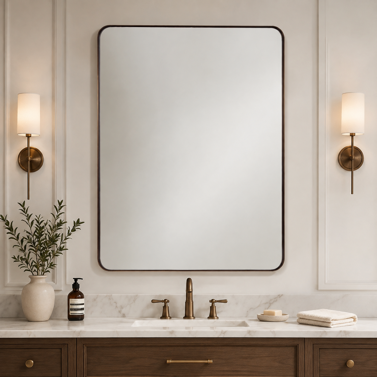 Modern Rounded Rectangle Mirror for Bathroom/ Vanity/ Wall | Stainless Steel Frame