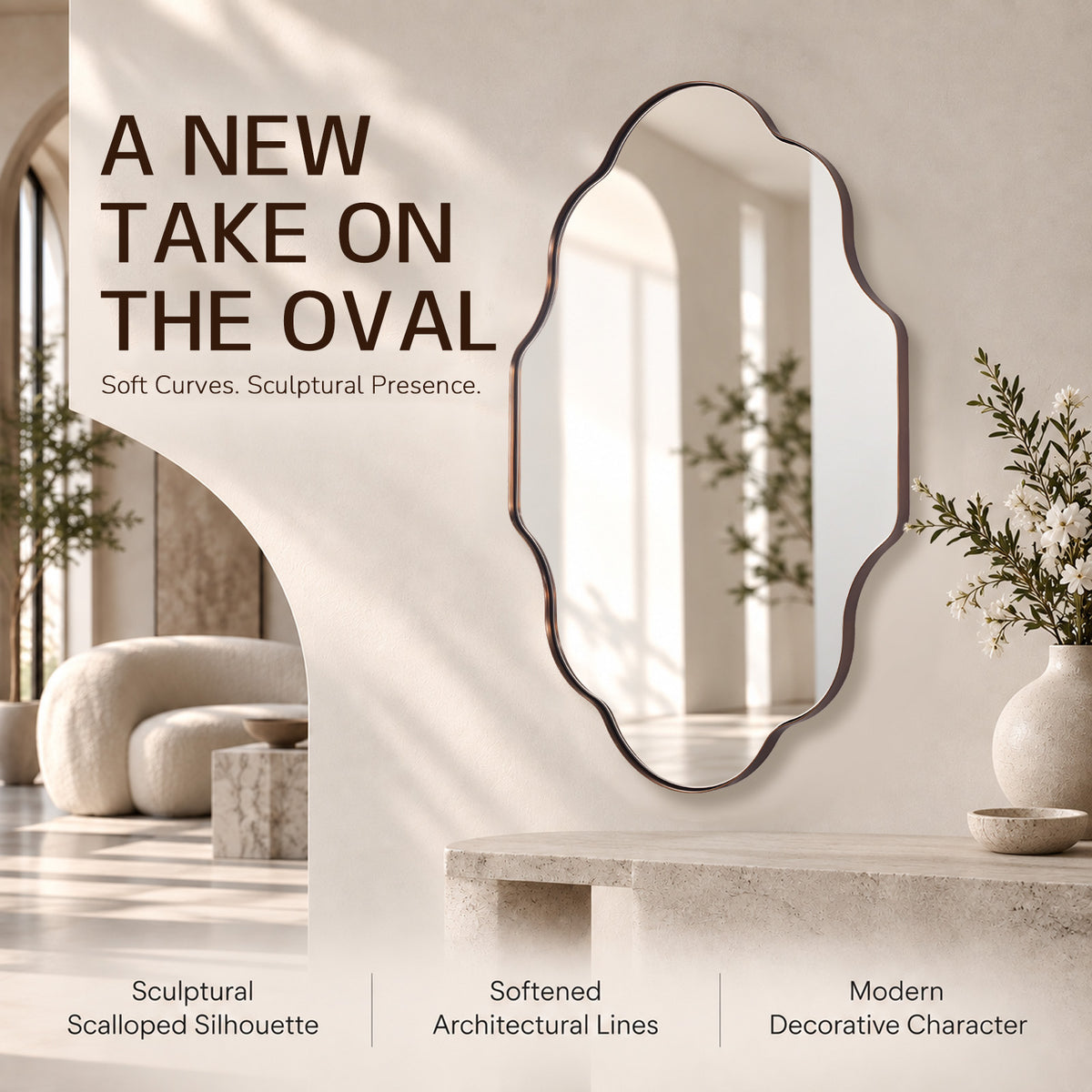 Modern Scalloped Oval Bathroom Vanity Mirror Wavy Wall Mirror | Stainless Steel Frame