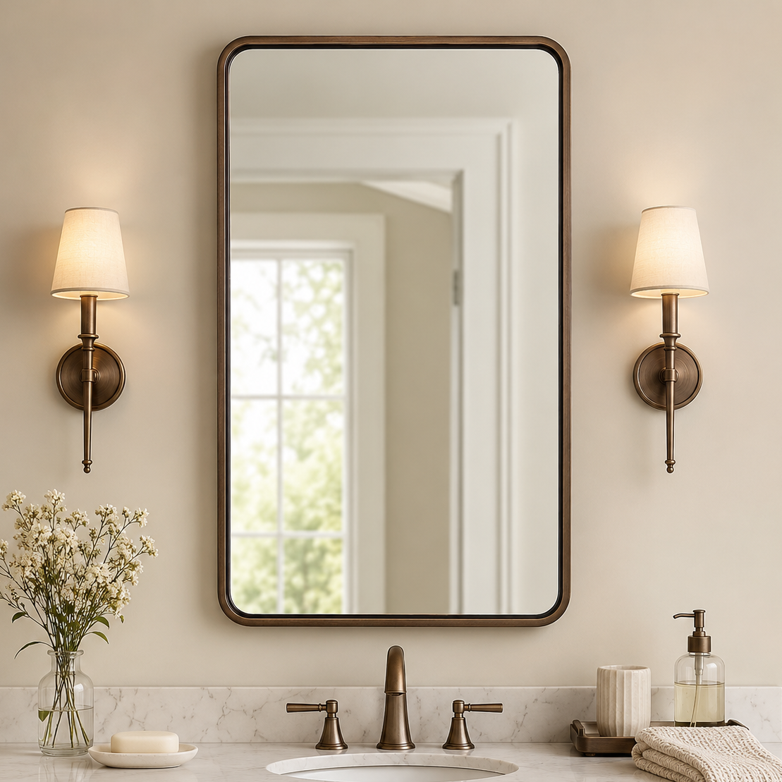 Contemporary Rounded Rectangular Bathroom Wall Mirror |Thicker Stainless Steel Framed