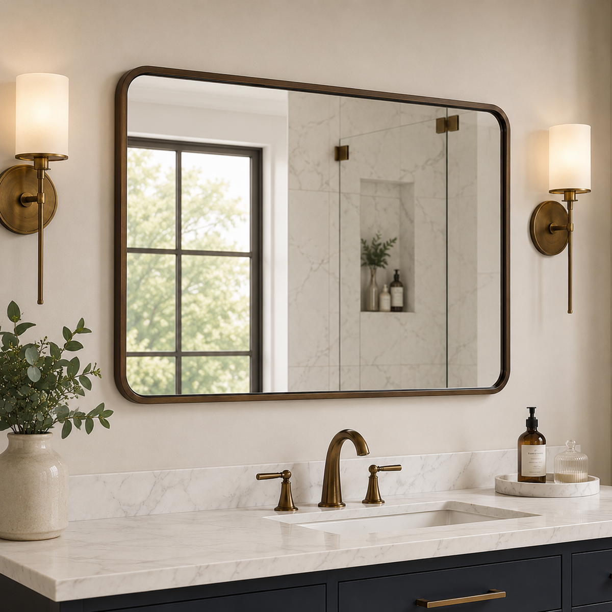 Contemporary Rounded Rectangular Bathroom Wall Mirror |Thicker Stainless Steel Framed