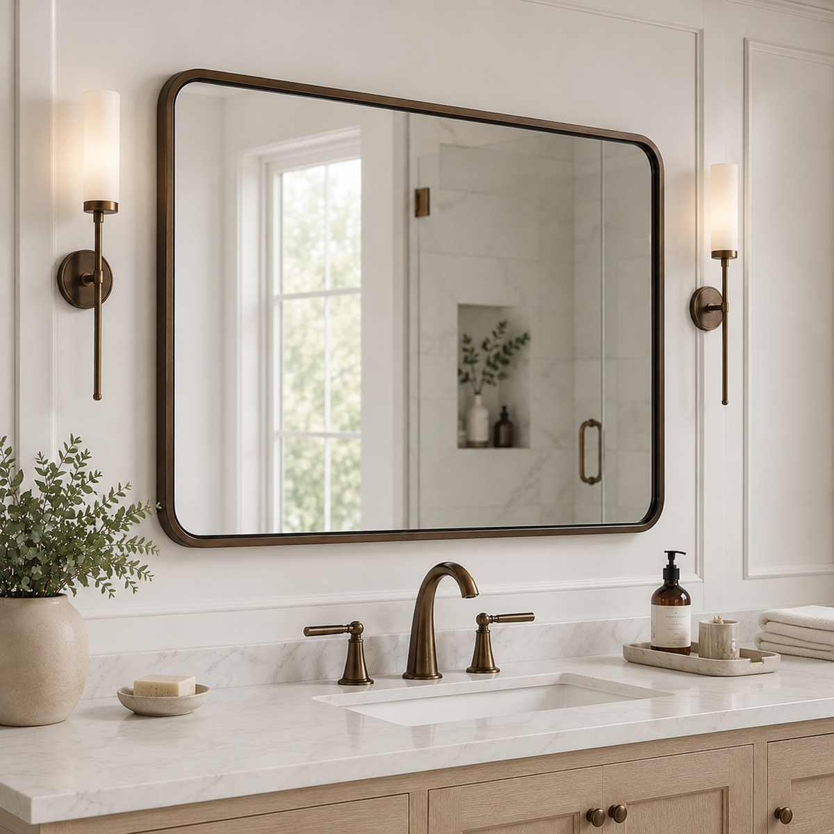 Contemporary Rounded Rectangular Bathroom Wall Mirror |Thicker Stainless Steel Framed