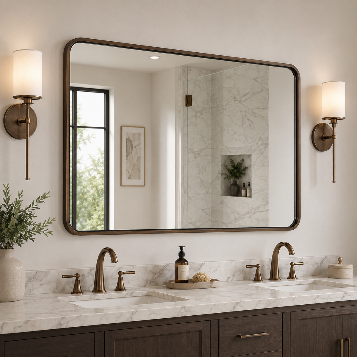 Contemporary Rounded Rectangular Bathroom Wall Mirror |Thicker Stainless Steel Framed
