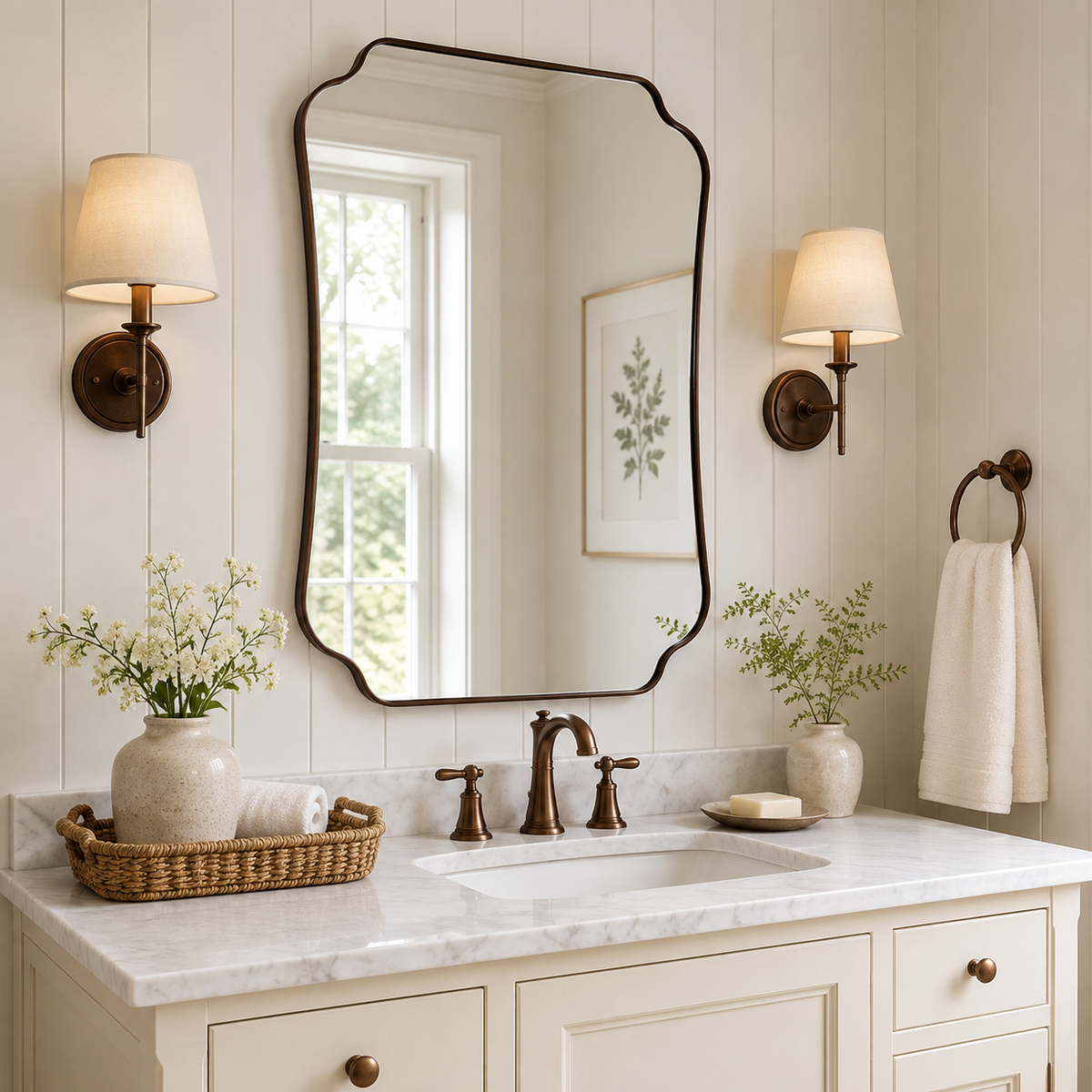 Contemporary Cut Corner Concave Edge Scalloped Bathroom Mirror | Stainless Steel Frame