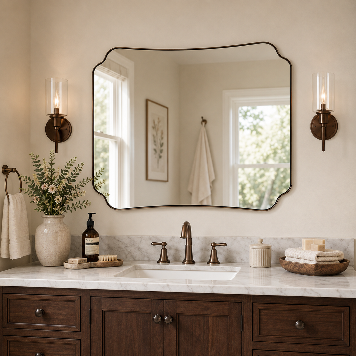 Contemporary Cut Corner Concave Edge Scalloped Bathroom Mirror | Stainless Steel Frame