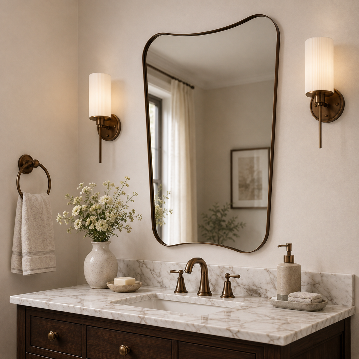 Italian Luxury Style Irregular Scalloped Wall Mirror for Bathroom  |Stainless Steel Frame