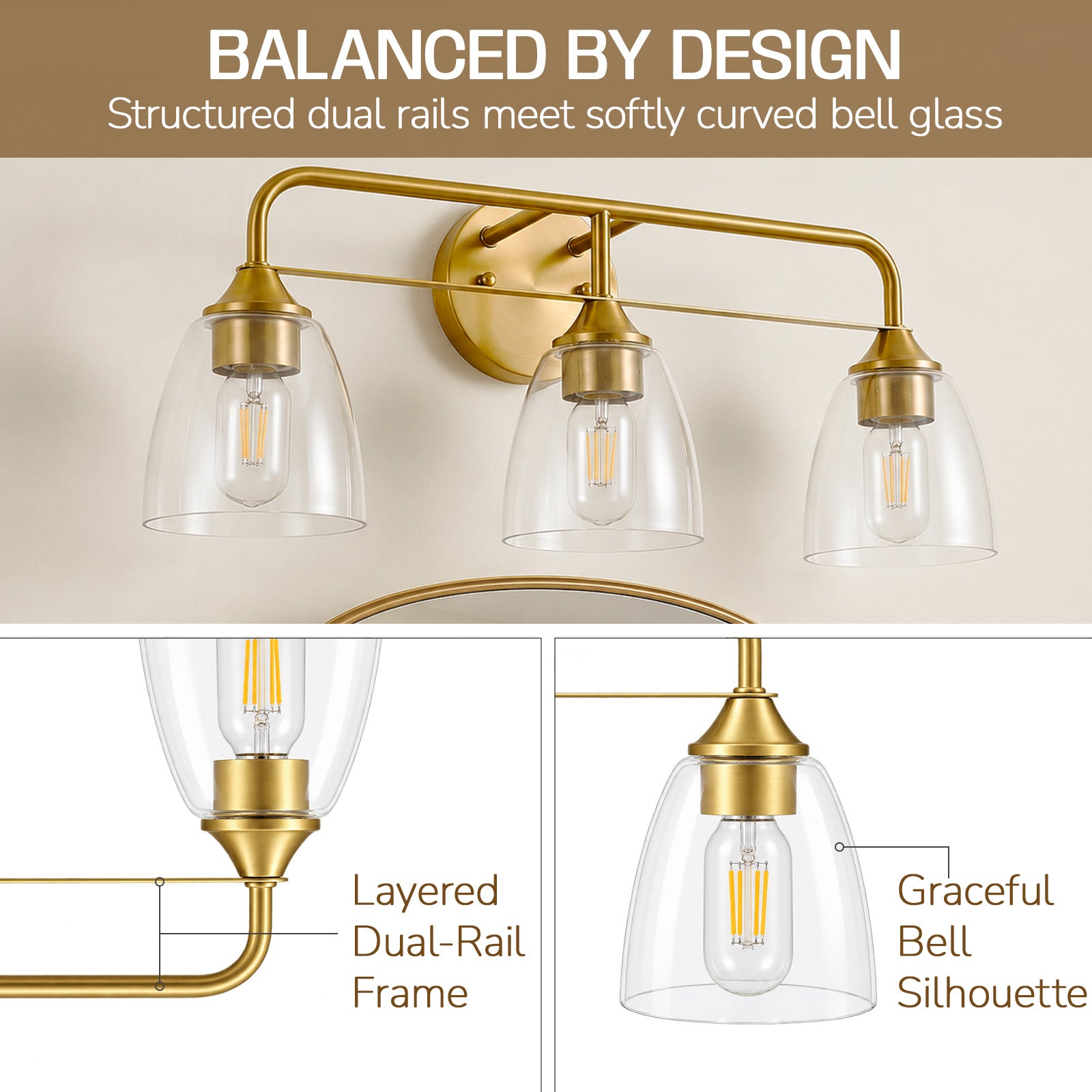 Modern Clear Bell Glass Wall Light Dual-Rail Frame Bathroom Vanity Light