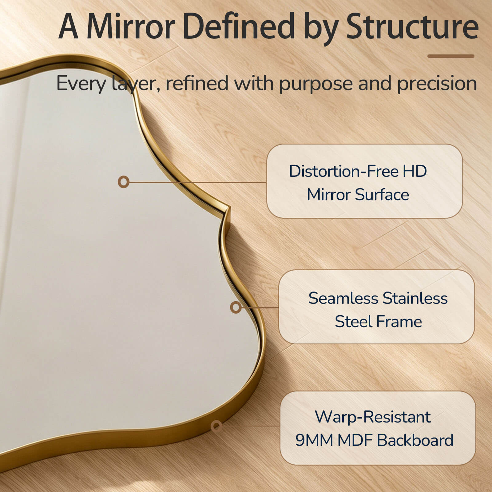 Antique Scalloped Wavy Curved Rectangle Decorative Vanity Mirror | Stainless Steel Frame