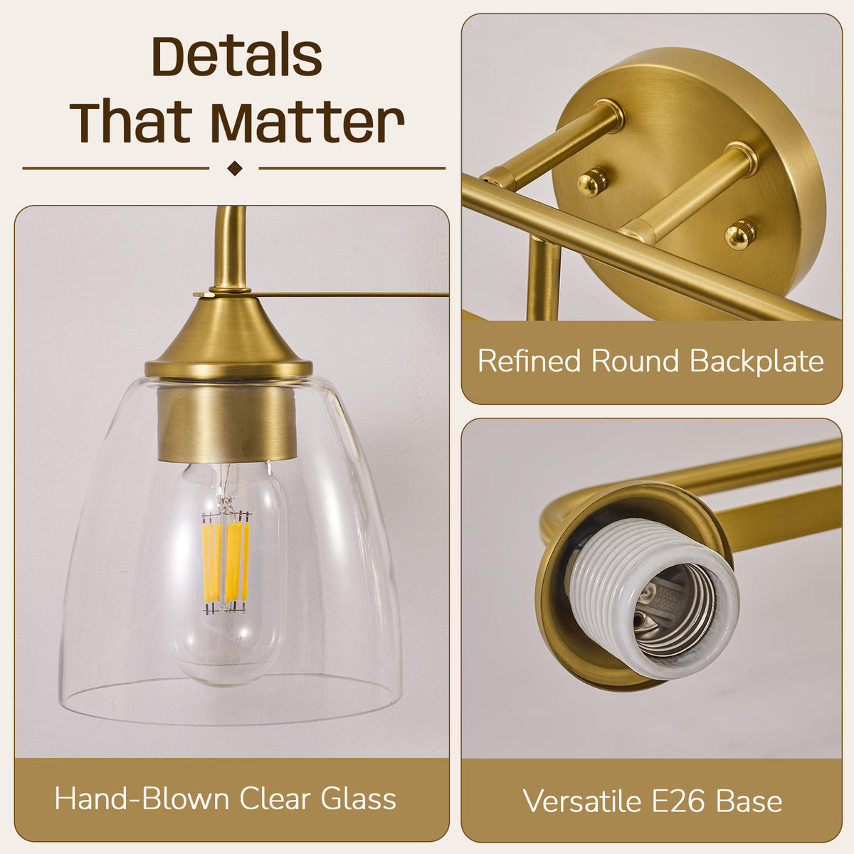 Luxury Dual-Rail Bathroom Vanity Light with Clear Bell Glass Shades