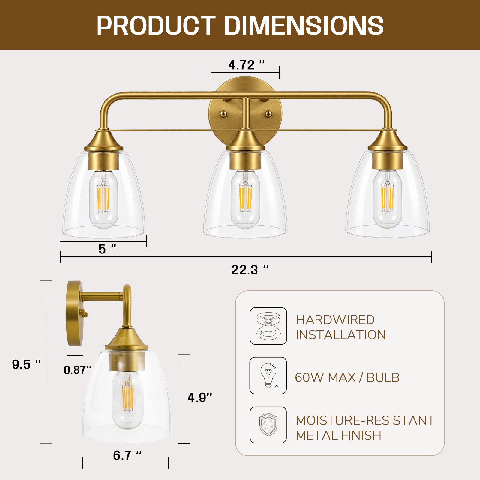 Modern Clear Bell Glass Wall Light Dual-Rail Frame Bathroom Vanity Light