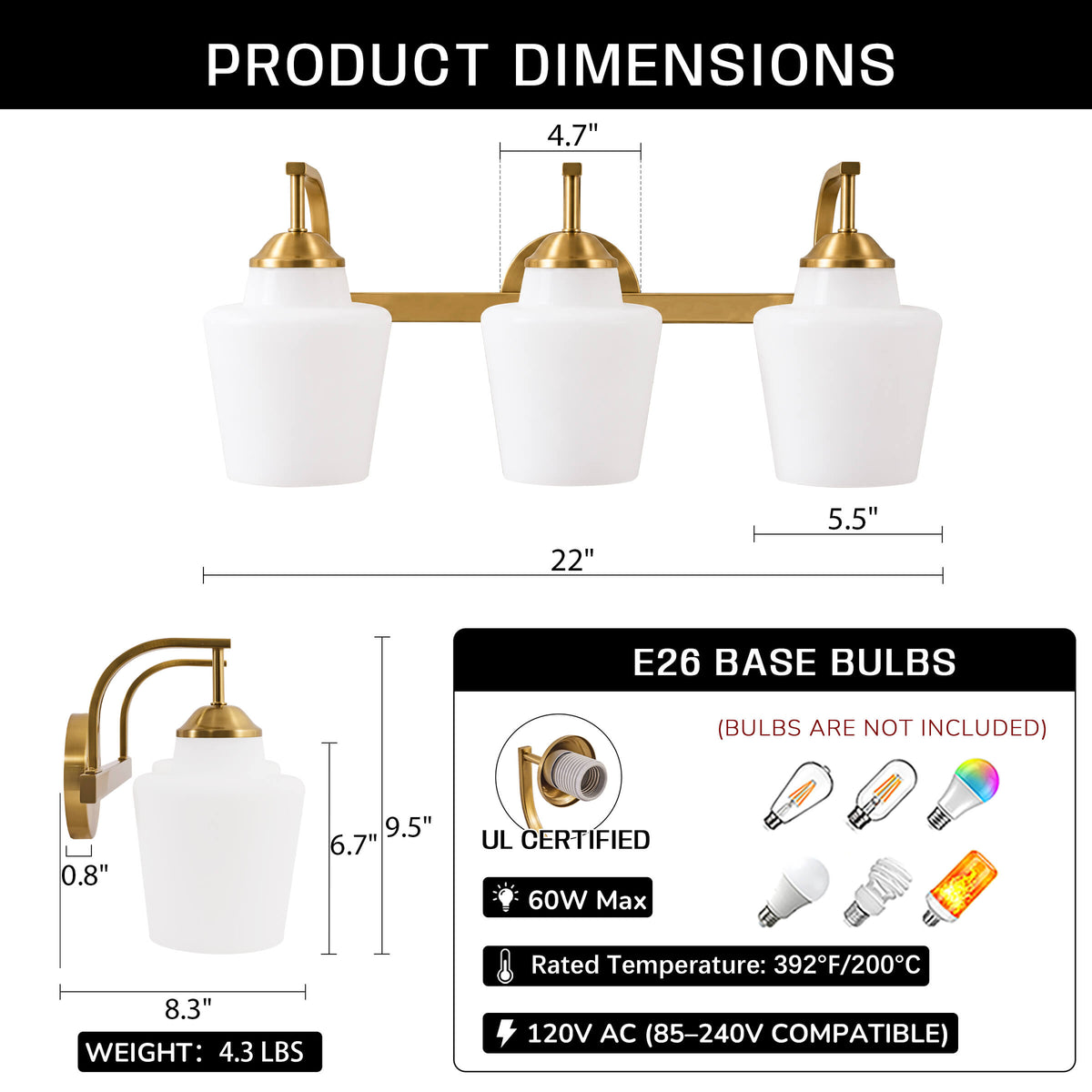Contemporary Opal Glass Tapered Shade Bathroom Vanity Light