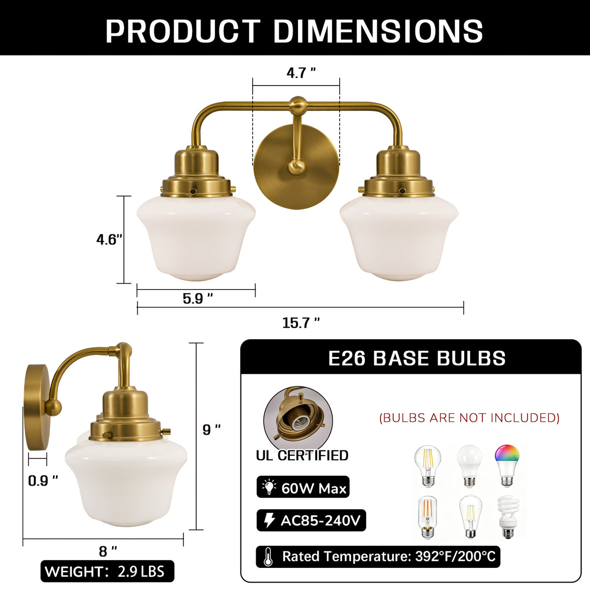 Traditional Schoolhouse Opal Glass Shade Bathroom Vanity Light