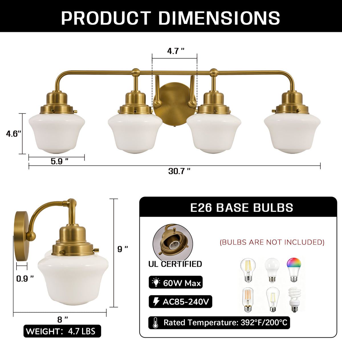 Traditional Schoolhouse Opal Glass Shade Bathroom Vanity Light