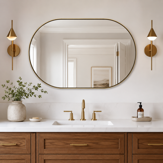 Modern Pill Shaped Capsule Wall Mirrors Long Oval Bathroom Vanity Mirror | Stainless Steel Frame