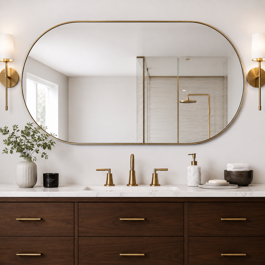 Modern Pill Shaped Capsule Wall Mirrors Long Oval Bathroom Vanity Mirror | Stainless Steel Frame