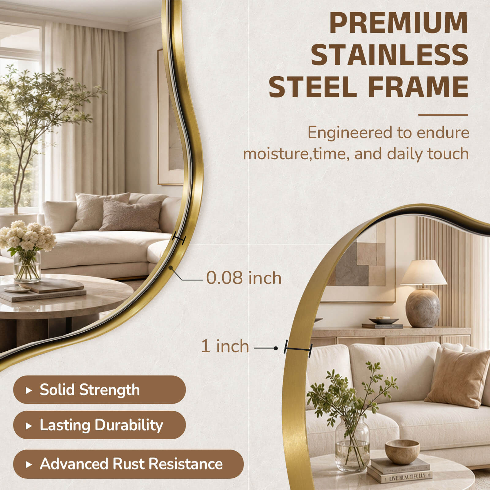 Antique Scalloped Wavy Curved Rectangle Decorative Vanity Mirror | Stainless Steel Frame