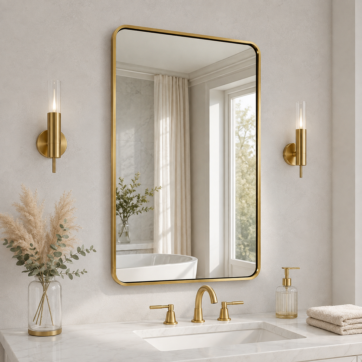 Modern Bold Framed Rectangle Wall Mirrors for Bathroom Wall| Stainless Steel Framed