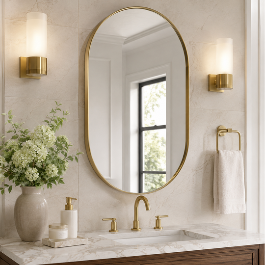 Modern Pill Shaped Capsule Wall Mirrors Long Oval Bathroom Vanity Mirror | Stainless Steel Frame