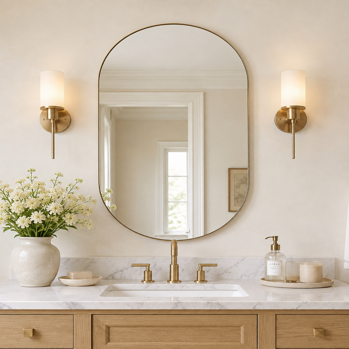 Modern Pill Shaped Capsule Wall Mirrors Long Oval Bathroom Vanity Mirror | Stainless Steel Frame