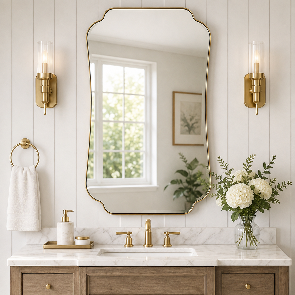 Contemporary Cut Corner Concave Edge Scalloped Bathroom Mirror | Stainless Steel Frame