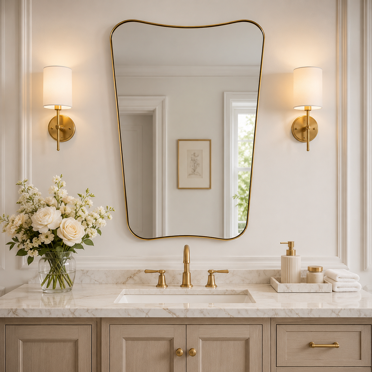 Italian Luxury Style Irregular Scalloped Wall Mirror for Bathroom  |Stainless Steel Frame