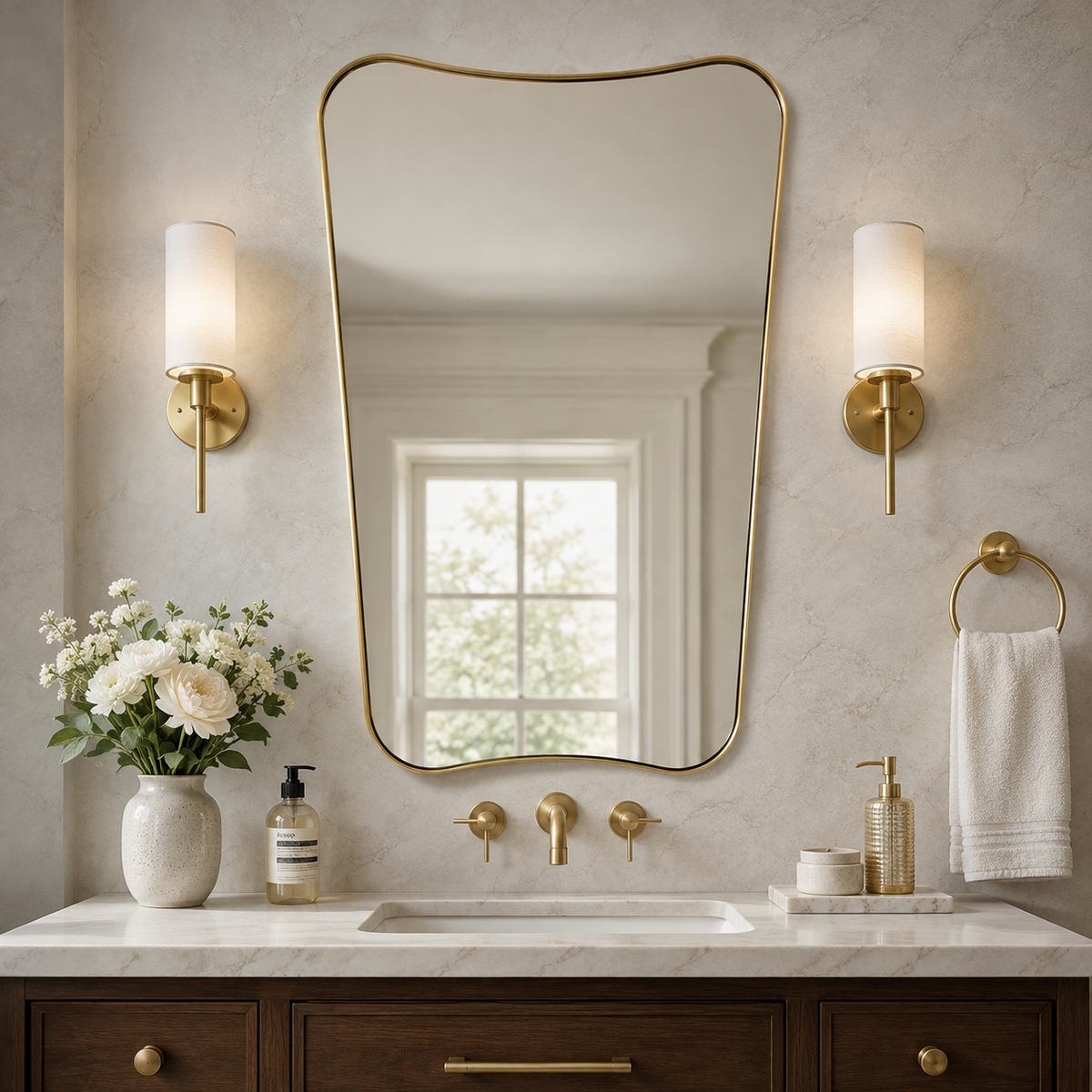 Italian Luxury Style Irregular Scalloped Wall Mirror for Bathroom  |Stainless Steel Frame