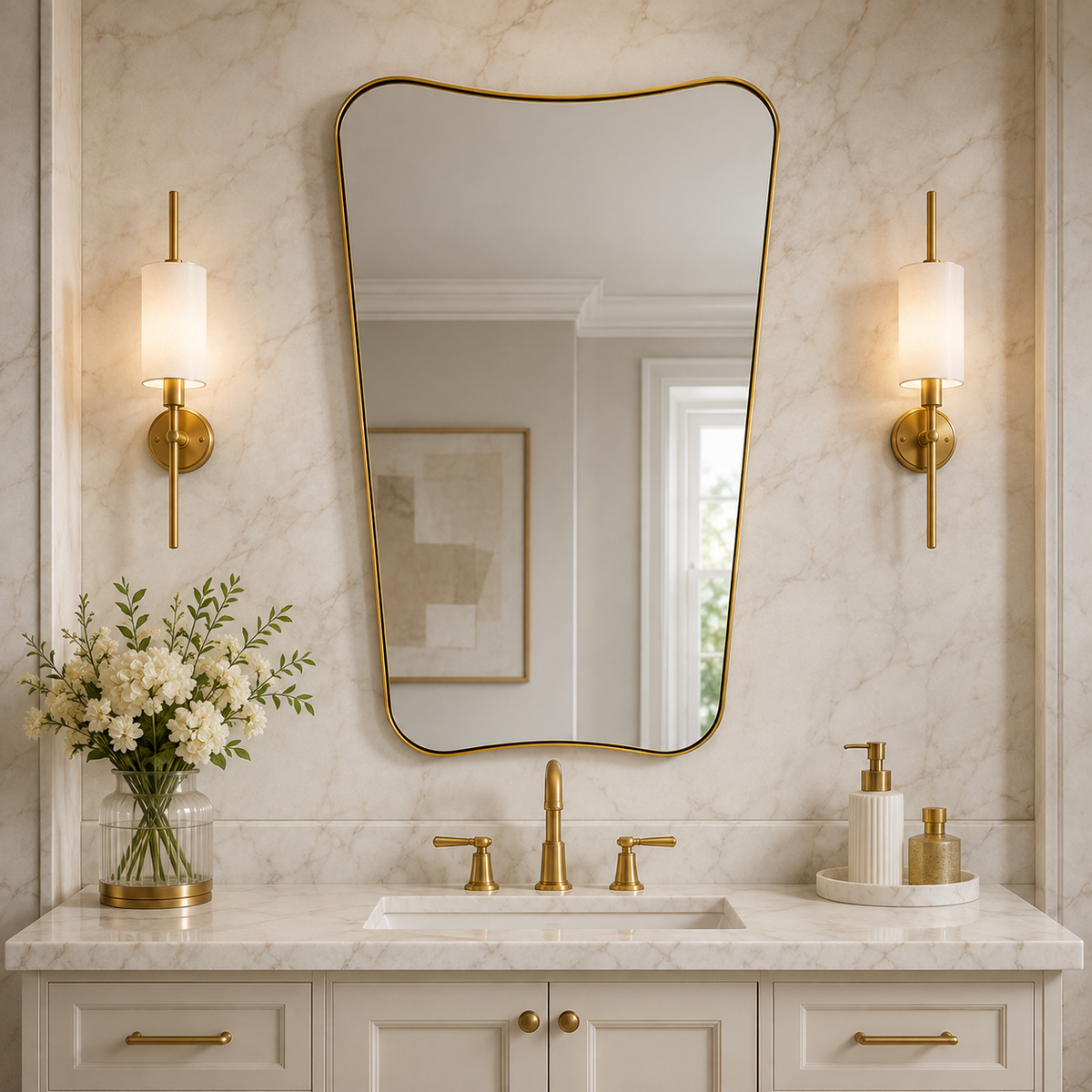 Italian Luxury Style Irregular Scalloped Wall Mirror for Bathroom  |Stainless Steel Frame