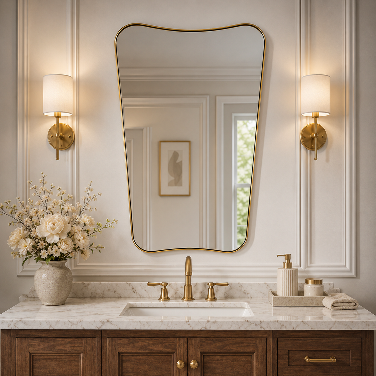 Italian Luxury Style Irregular Scalloped Wall Mirror for Bathroom  |Stainless Steel Frame