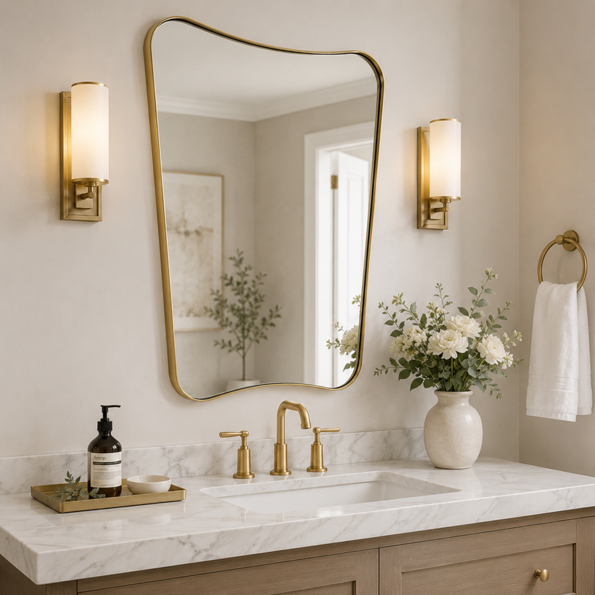 Italian Luxury Style Irregular Scalloped Wall Mirror for Bathroom  |Stainless Steel Frame