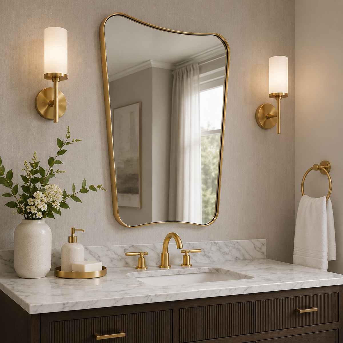 Italian Luxury Style Irregular Scalloped Wall Mirror for Bathroom  |Stainless Steel Frame