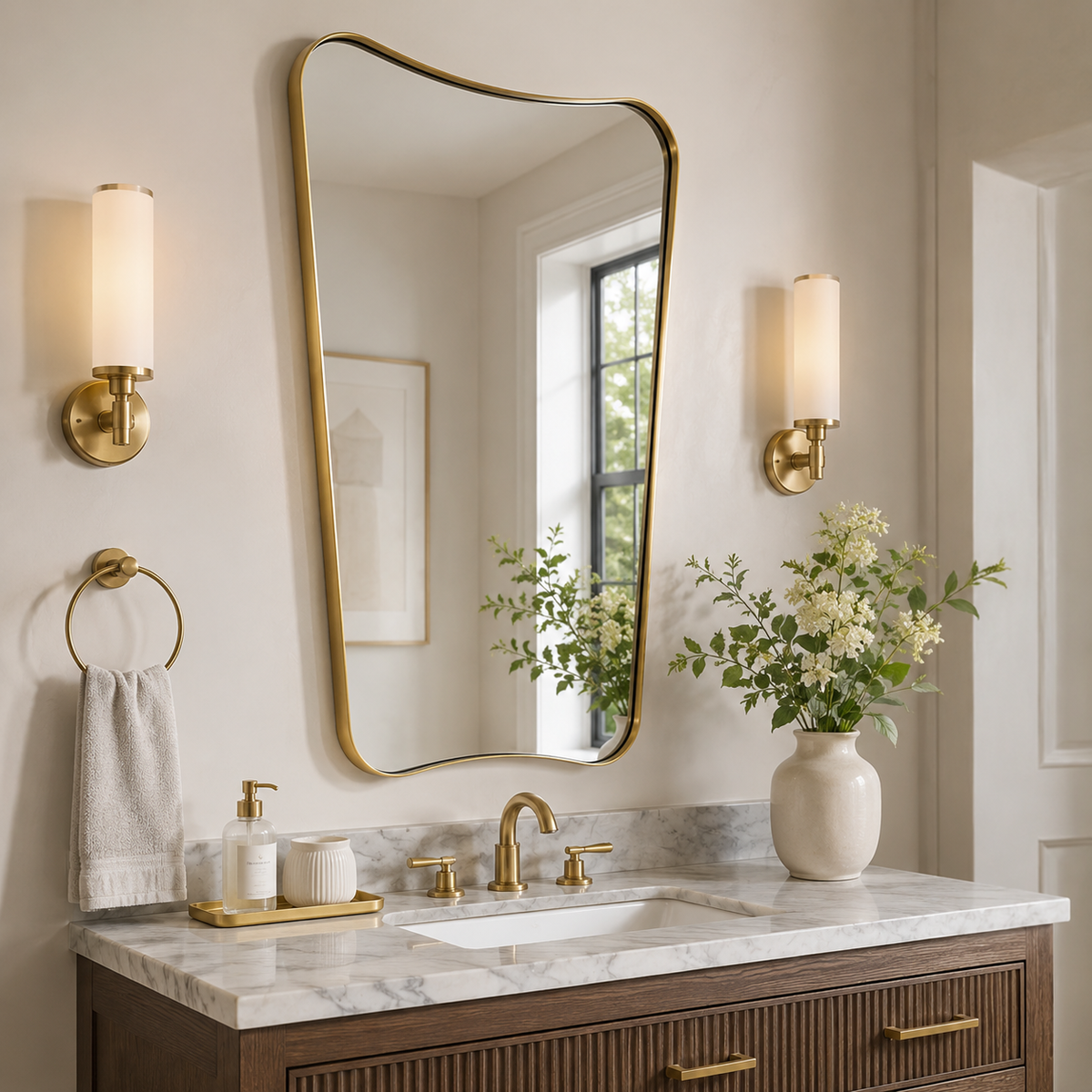 Italian Luxury Style Irregular Scalloped Wall Mirror for Bathroom  |Stainless Steel Frame
