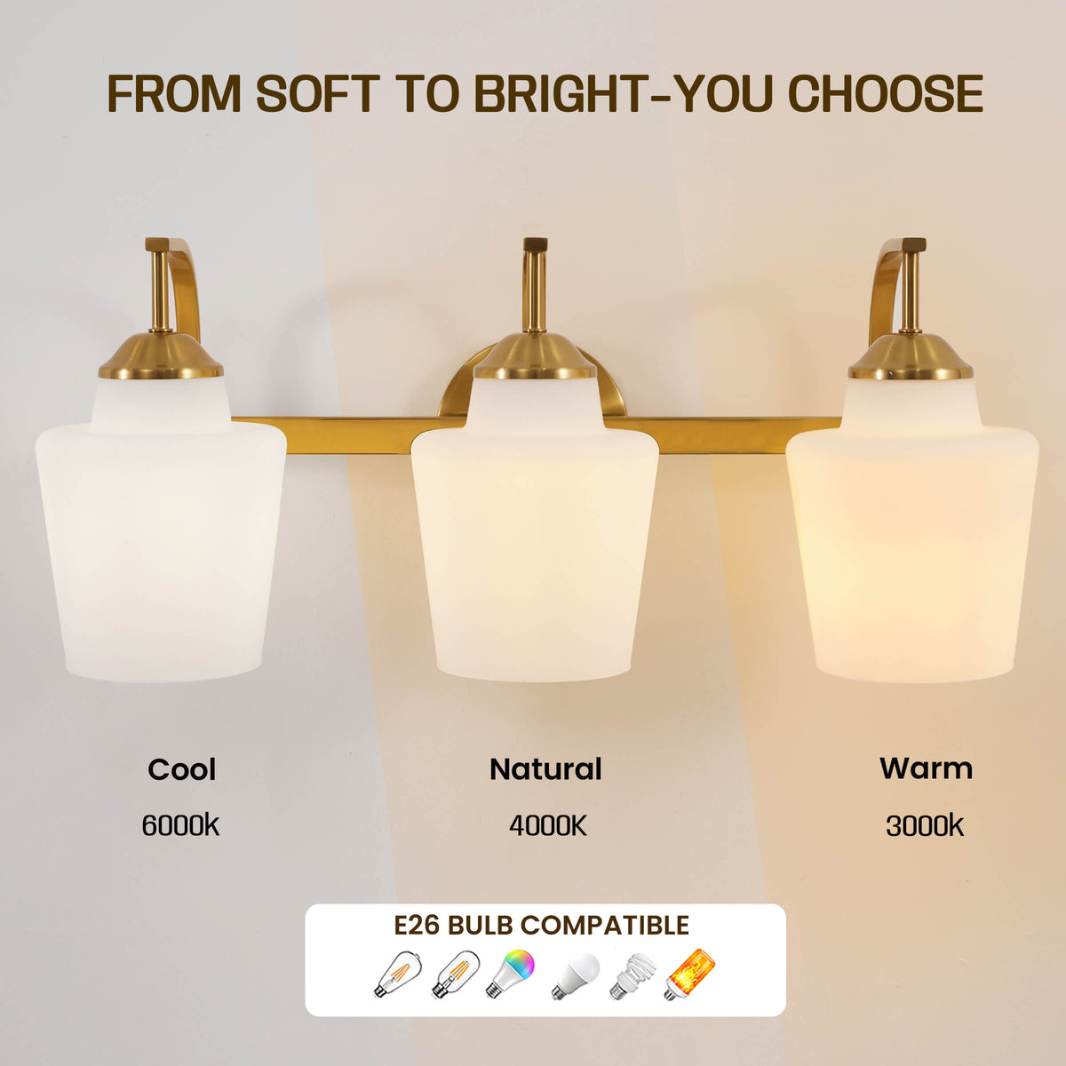 Contemporary Opal Glass Tapered Shade Bathroom Vanity Light