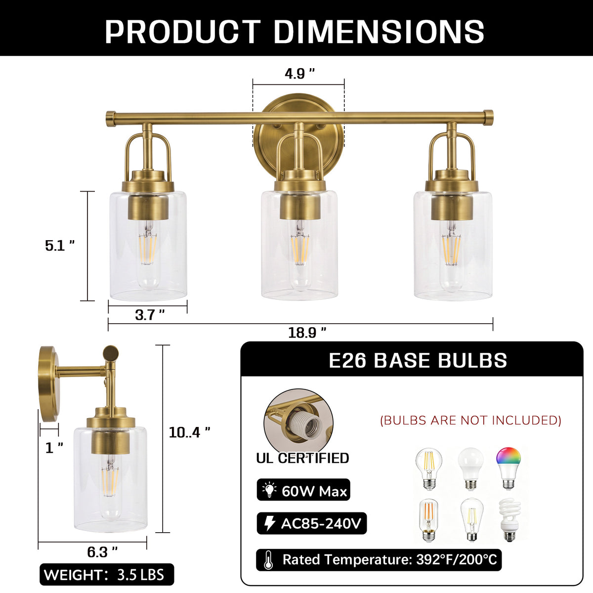 Transitional Cylindrical Clear Glass Shade Bathroom Vanity Light