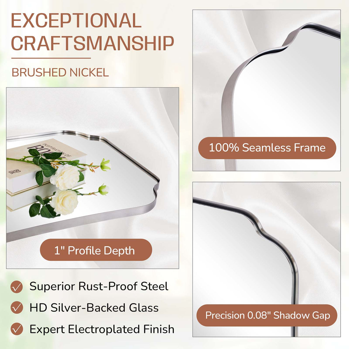 Contemporary Cut Corner Concave Edge Scalloped Bathroom Mirror | Stainless Steel Frame