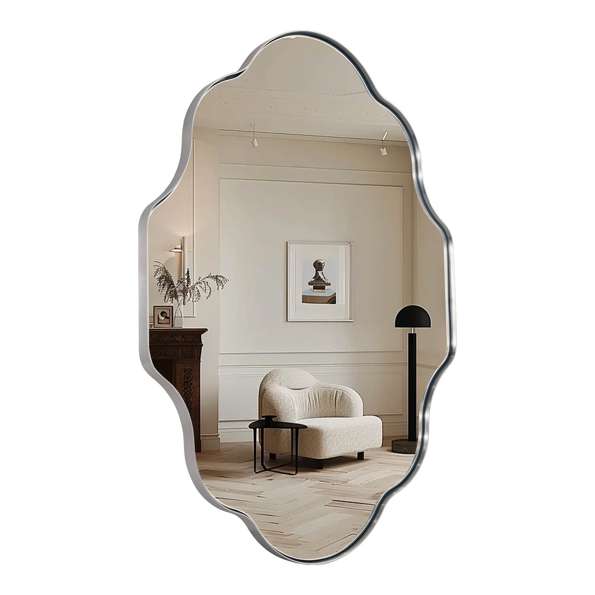 Modern Scalloped Oval Bathroom Vanity Mirror Wavy Wall Mirror | Stainless Steel Frame