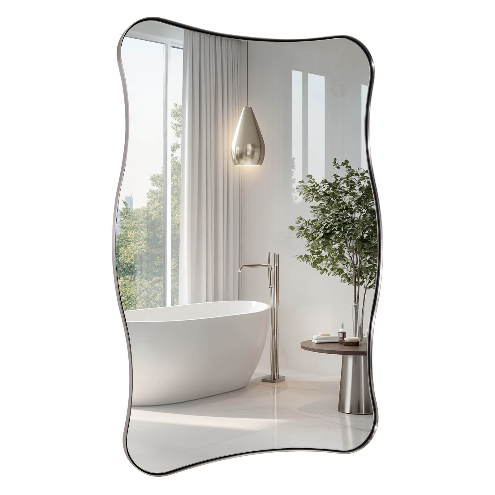 Contemporary Wavy Rectangle Scalloped Bathroom Wall Mirror | Stainless Steel Frame