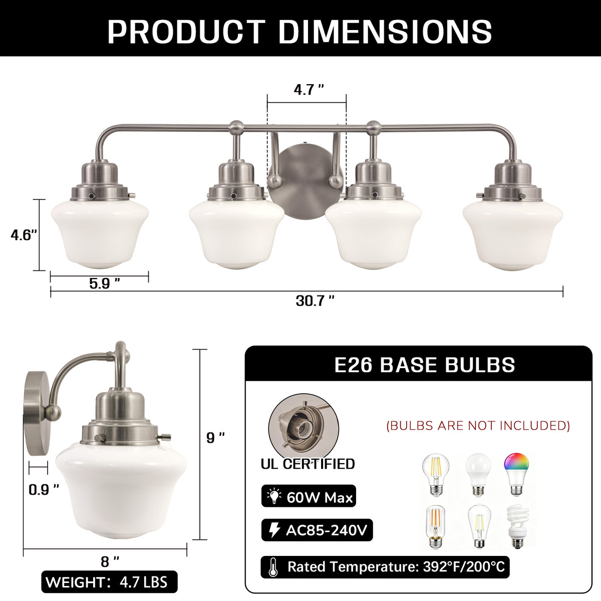 Traditional Schoolhouse Opal Glass Shade Bathroom Vanity Light