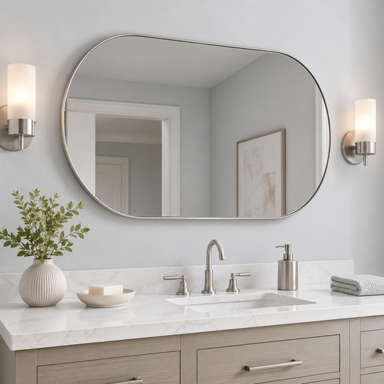 Modern Pill Shaped Capsule Wall Mirrors Long Oval Bathroom Vanity Mirror | Stainless Steel Frame