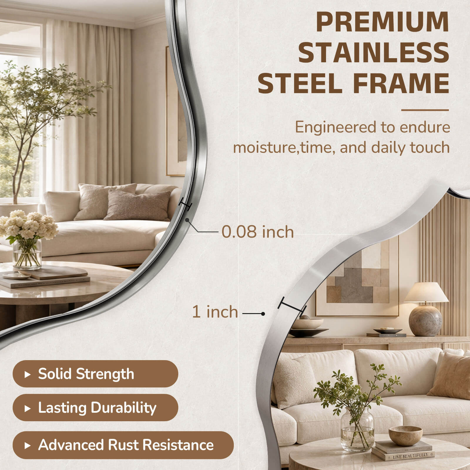 Antique Scalloped Wavy Curved Rectangle Decorative Vanity Mirror | Stainless Steel Frame