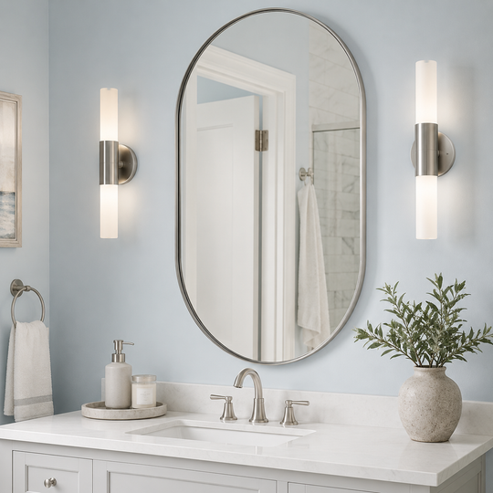 Modern Pill Shaped Capsule Wall Mirrors Long Oval Bathroom Vanity Mirror | Stainless Steel Frame