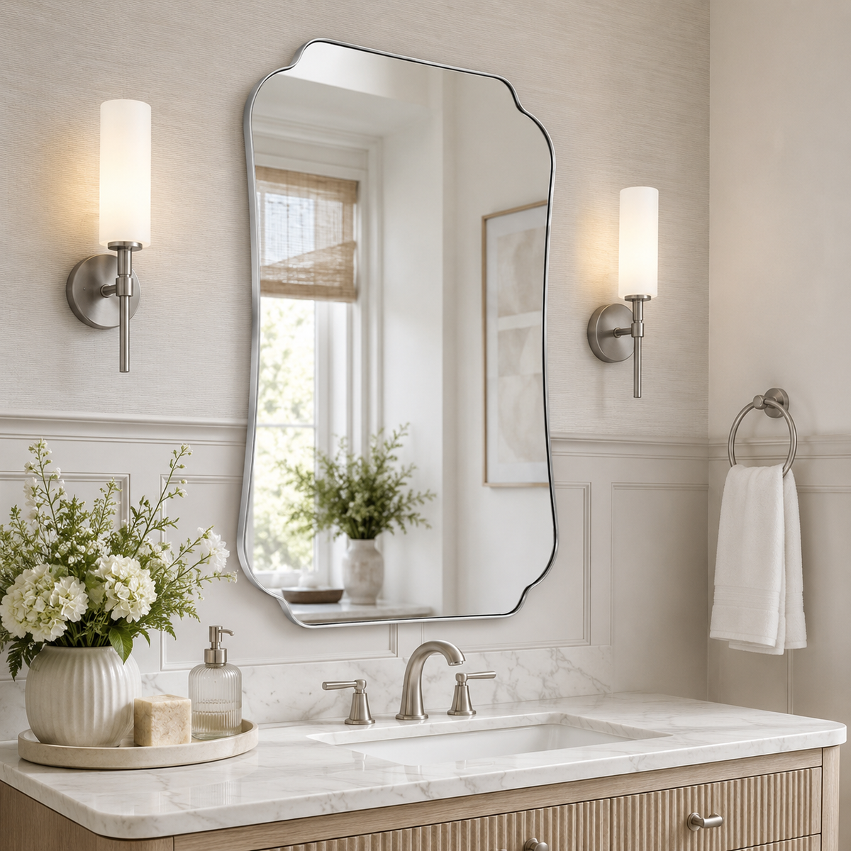 Contemporary Cut Corner Concave Edge Scalloped Bathroom Mirror | Stainless Steel Frame
