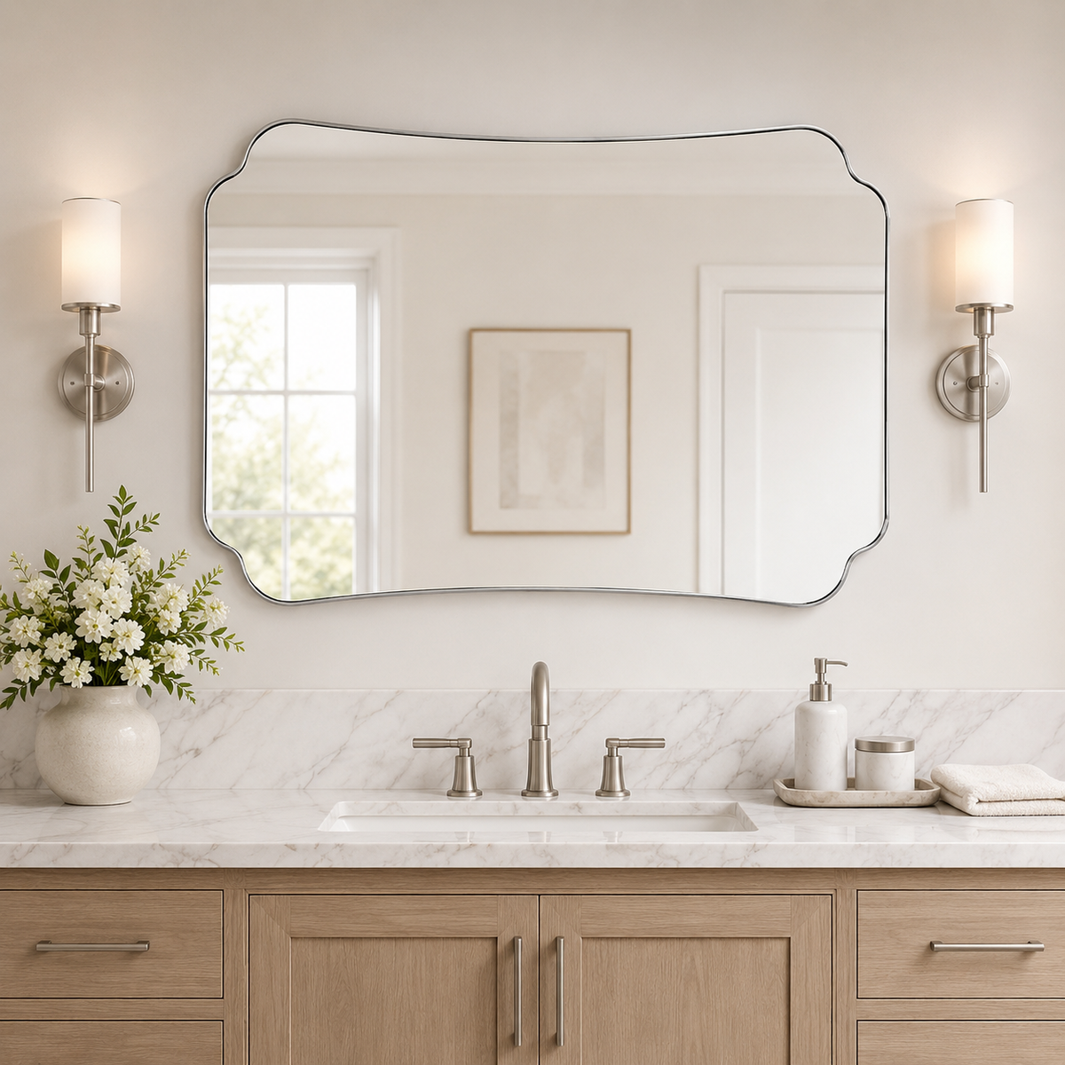 Contemporary Cut Corner Concave Edge Scalloped Bathroom Mirror | Stainless Steel Frame