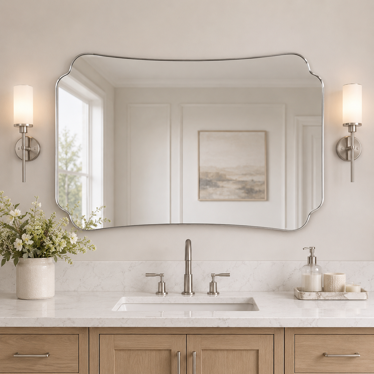 Contemporary Cut Corner Concave Edge Scalloped Bathroom Mirror | Stainless Steel Frame